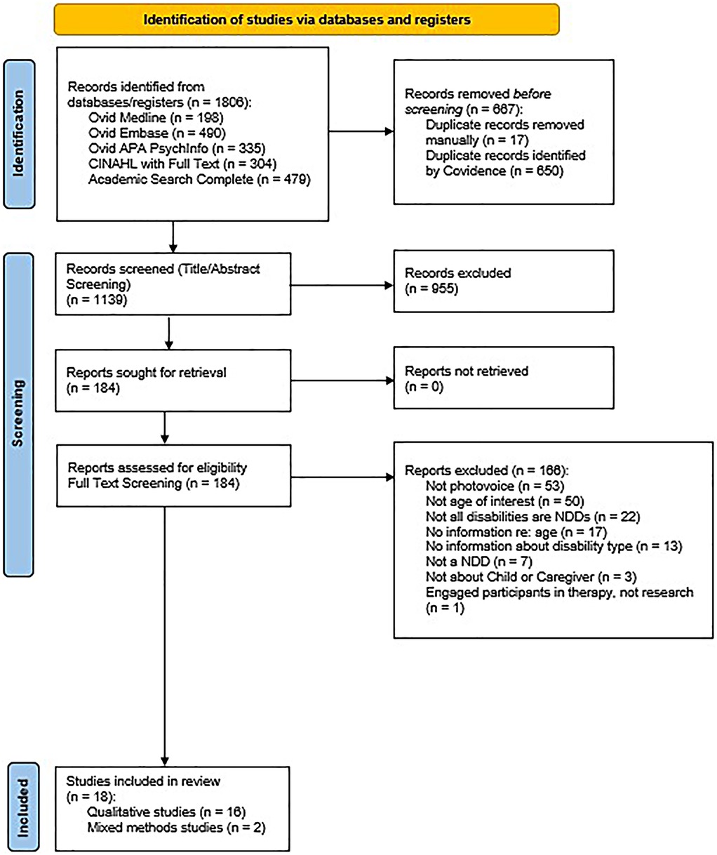 Flowchart illustrating the identification of studies through databases and registers. Initial records identified one thousand eight hundred and six records from various databases. Six hundred sixty-seven duplicate records were removed. One thousand one hundred thirty-nine records were screened, leading to nine hundred fifty-five additional exclusions. One hundred eighty-four reports were sought and screened for eligibility. One hundred sixty-six reports were excluded for reasons such as irrelevant age or disability focus. Eighteen studies were included in the review: sixteen qualitative and two mixed-methods studies.