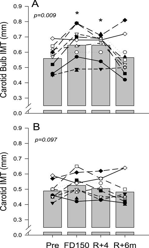Mean (bars) and individual (symbols) measures of common carotid artery IMT measured at the bulb area away from the carotid bulb (A) and measured in the middle part of the artery, further away in the bulb area (B). Data are shown for preflight (PRE), flight day 150 (FD150), 4 days after returning to Earth (R + 4), and 6 months after returning to Earth (R+6 m). The main effects of measurement time are indicated on the graphs with values that are different from those of PRE, indicated by * p < 0.05. Lines connecting symbols are included to identify individual trends and do not represent changes in the variables over time.