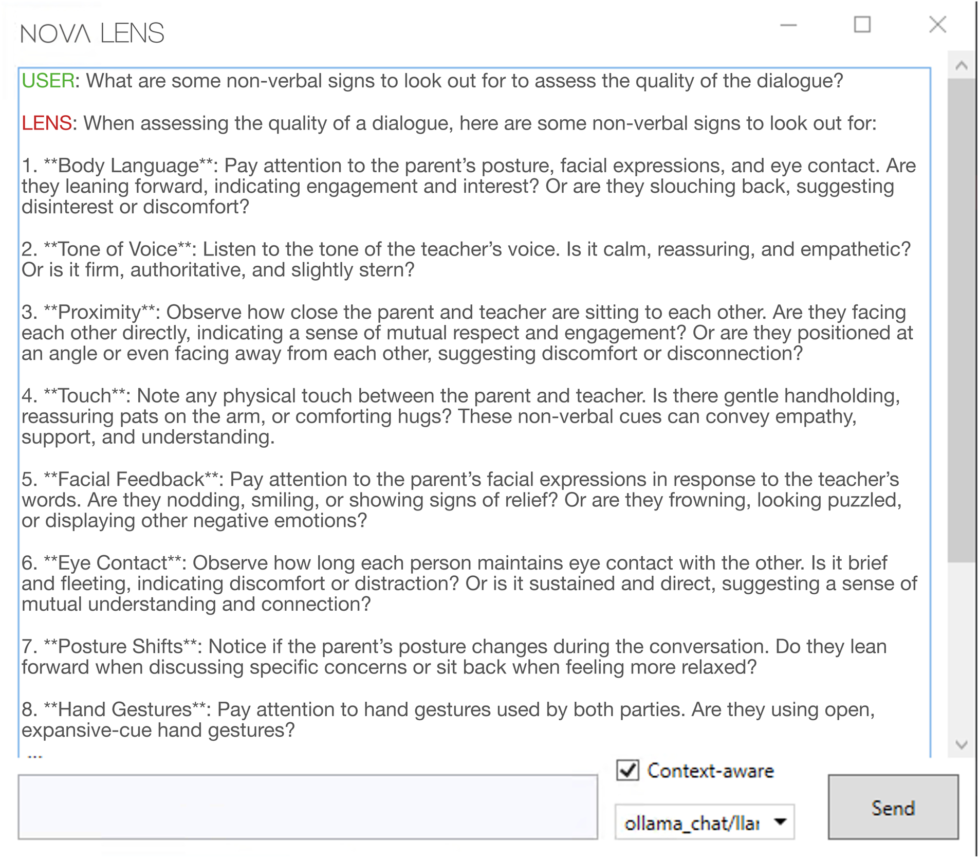 NOVA LENS chat interface screenshot showing conversation between user and AI assistant. User asks about non-verbal dialogue quality indicators. LENS provides detailed response covering body language, tone, proximity, touch, facial feedback, eye contact, posture shifts, and hand gestures.