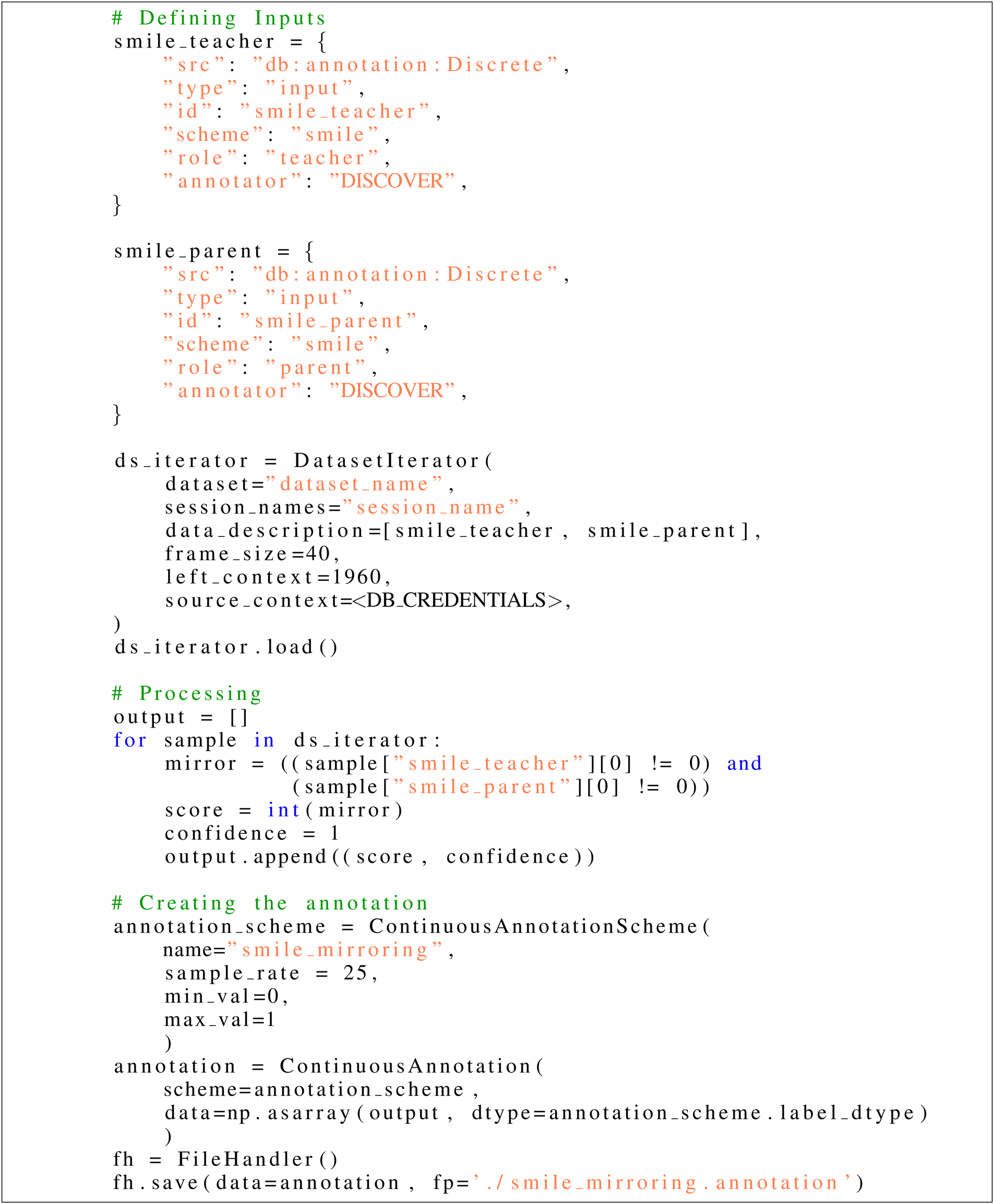 Python code snippet demonstrating smile mirroring detection algorithm. Code defines input parameters for teacher and parent smile annotations, processes data using dataset iterator, detects mirroring behavior, and creates continuous annotation output for integration into DISCOVER framework.