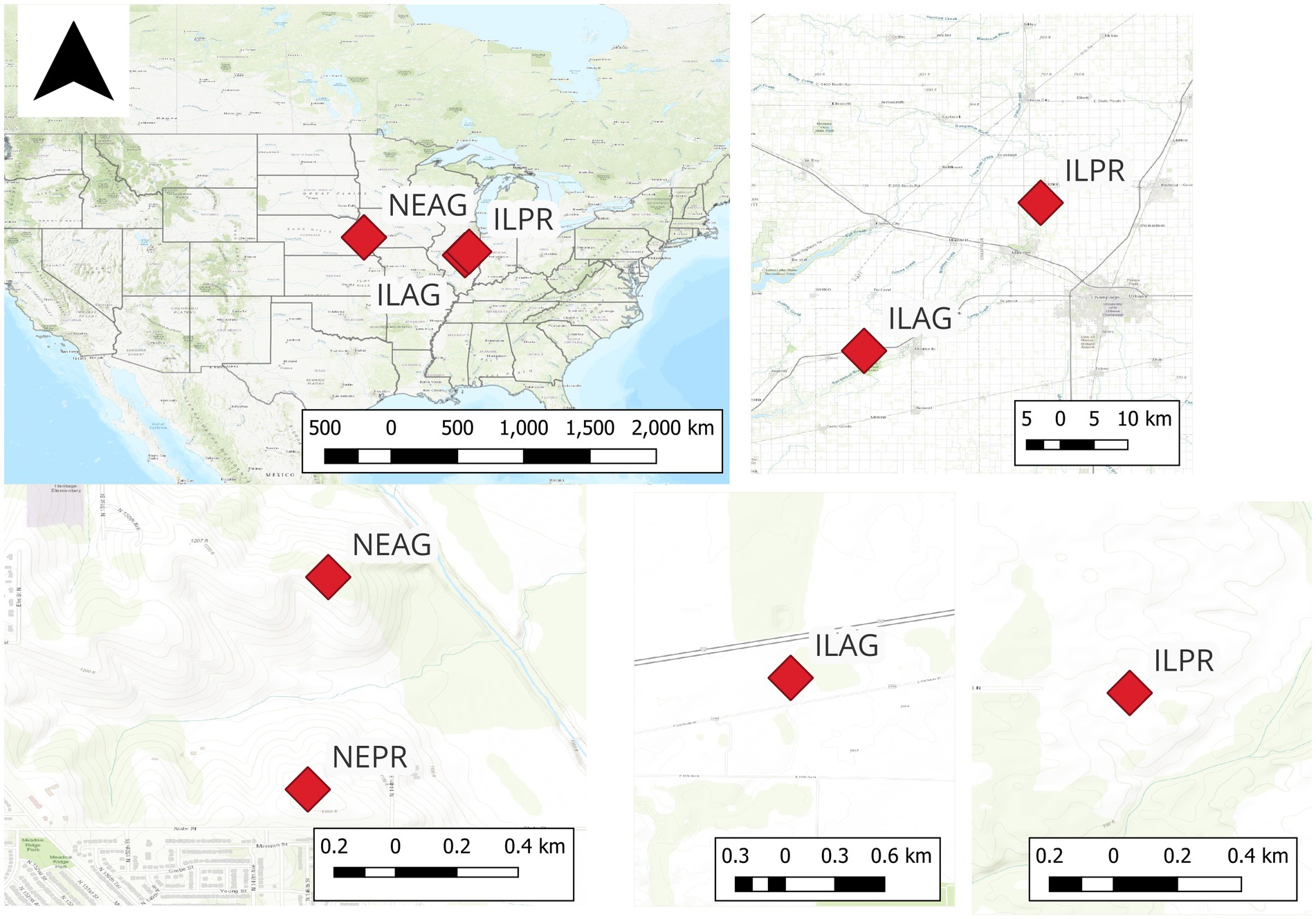 Map showing the location of four sites marked by red diamonds across the United States: NEAG, ILPR, ILAG, and NEPR. The upper left map displays the sites' overall geographic distribution. Four close-up maps show detailed locations: NEAG and NEPR in one, and ILPR and ILAG in the others, with corresponding scales ranging from 0.2 to 10 kilometers.