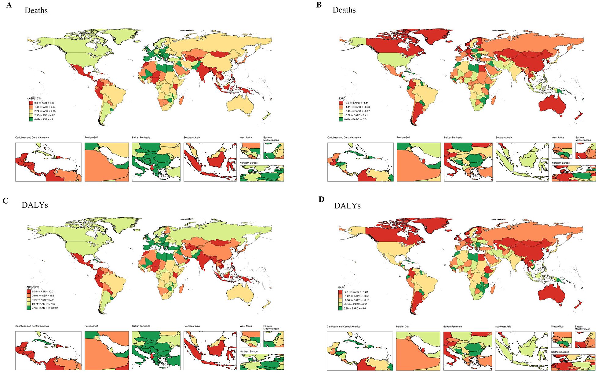 Four world maps comparing the Age-Standardized Rates (ASR) and the Estimated Annual Percentage Change (EAPC) of deaths and Disability-Adjusted Life Years (DALYs) across various regions. Maps A and C illustrate ASR for deaths and DALYs, respectively, with color gradients indicating different rate levels. Maps B and D show EAPC for deaths and DALYs, using a similar color scale. Insets highlight regions like the Caribbean, Persian Gulf, and Southeast Asia for detailed views.