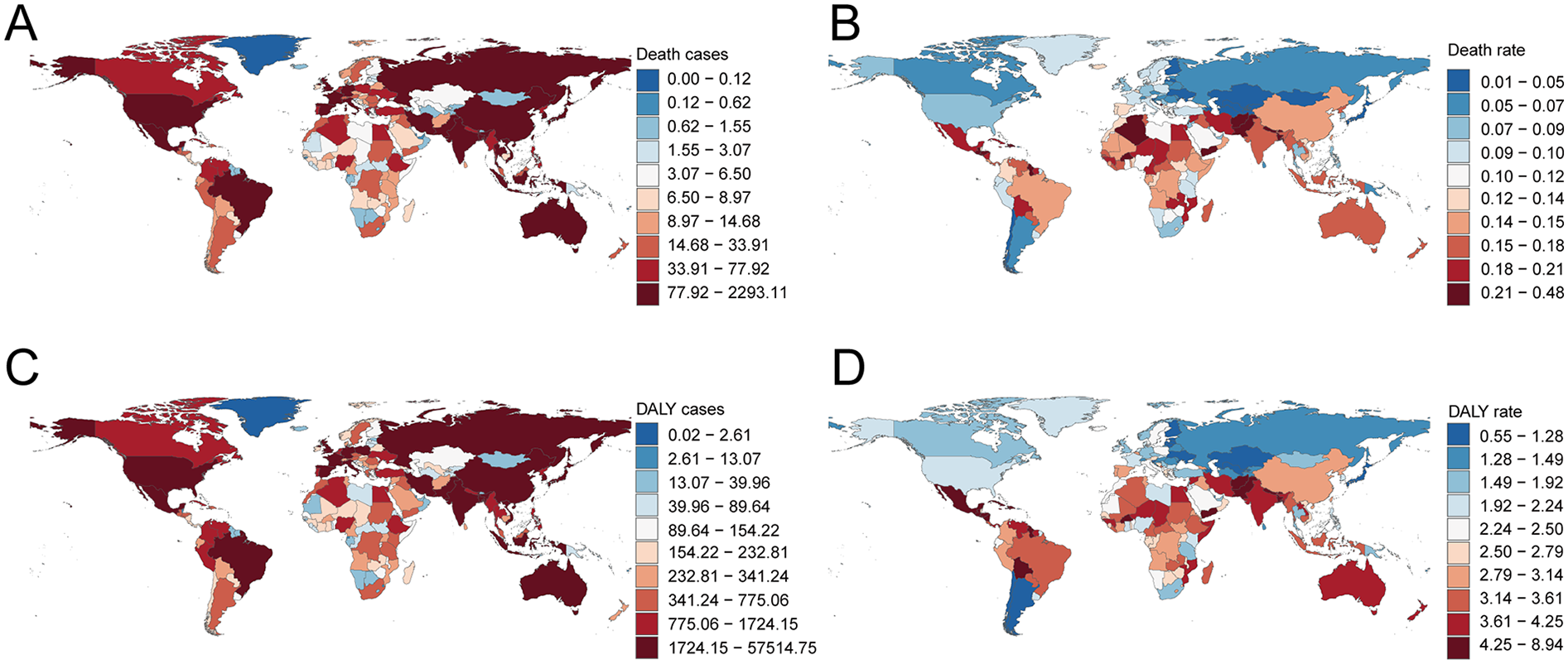Four world maps labeled A, B, C, D display variations in death cases, death rates, DALY cases, and DALY rates. Each map uses a color gradient from blue to red, with corresponding scales indicating severity. Map A covers death cases; B, death rates; C, DALY cases; and D, DALY rates, highlighting regional differences.