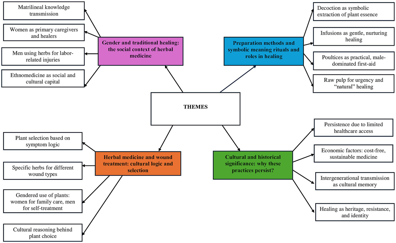 Flowchart illustrating the main themes that emerged from the analysis of the interviews. The central node labeled “Themes” connects to four key areas: “Gender and traditional healing,” “Preparation methods and symbolic meaning,” “Herbal medicine and wound treatment,” and “Cultural and historical significance.” Each thematic area includes sub-nodes detailing aspects such as gender roles, preparation rituals, plant selection logic, and the enduring cultural relevance of traditional practices.