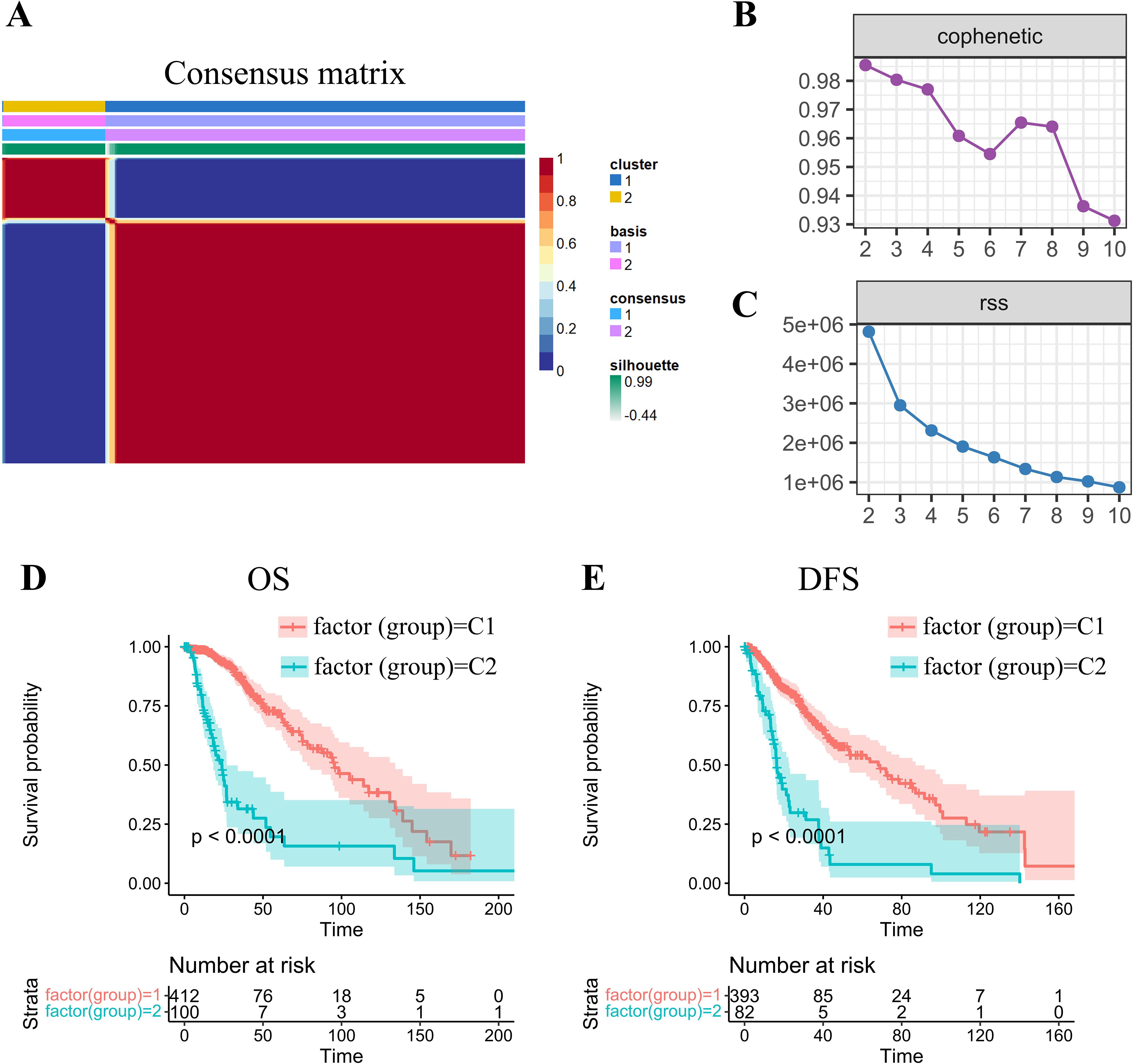 Panel A shows a consensus matrix with colored blocks representing two clusters. Panel B displays a graph of cophenetic correlation values, decreasing from approximately 0.98 to 0.93 across two to ten clusters. Panel C illustrates a plot of RSS values, decreasing from 5e+06 to 1e+06. Panels D and E present survival probability graphs for OS and DFS, respectively, comparing two groups (C1 and C2) with significant differences (p < 0.0001). Each survival plot includes a table of numbers at risk over time.