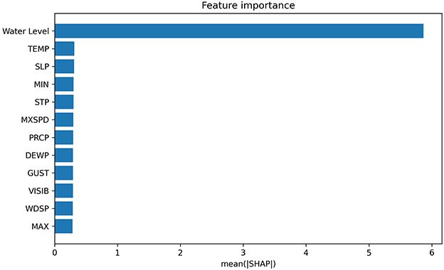 Bar chart titled “Feature importance” showing various features ranked by mean SHAP value. “Water Level” is the most important feature with a value near six, significantly higher than others like “TEMP,” “SLP,” and “MIN.”