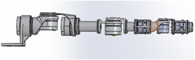 Illustration of a complex mechanical structure with interconnected cylindrical components and gears, resembling parts of a robotic or industrial arm. The design includes visible gears and likely indicates a system of joints and couplings.