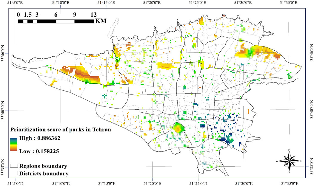 Map showing prioritization scores of parks in Tehran. The scores range from low in brown to high in blue-green, overlaying the districts. A scale bar and compass are included.