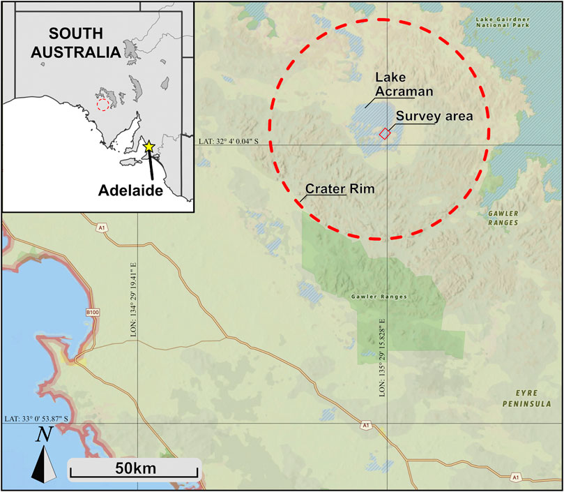 Map showing the location of Lake Acraman and the survey area marked within a red dashed circle symbolizing the crater rim. It's located within South Australia, with a detailed inset highlighting Adelaide's position relative to the site. Features include Lake Gairdner National Park, Gawler Ranges, and the Eyre Peninsula. A scale of fifty kilometers and compass for orientation are provided.