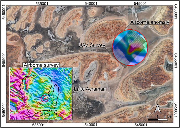 Satellite map showing Lake Acraman with marked areas of UAV and airborne surveys. A circular colored zone labeled