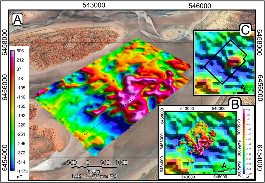 Color-coded geophysical map overlaying aerial terrain with topographic details. The main section (A) shows magnetic readings in nanoTesla, ranging from -1,473 to 606. Insets B and C provide zoomed views with grid coordinates. Scale bar and north arrow included.