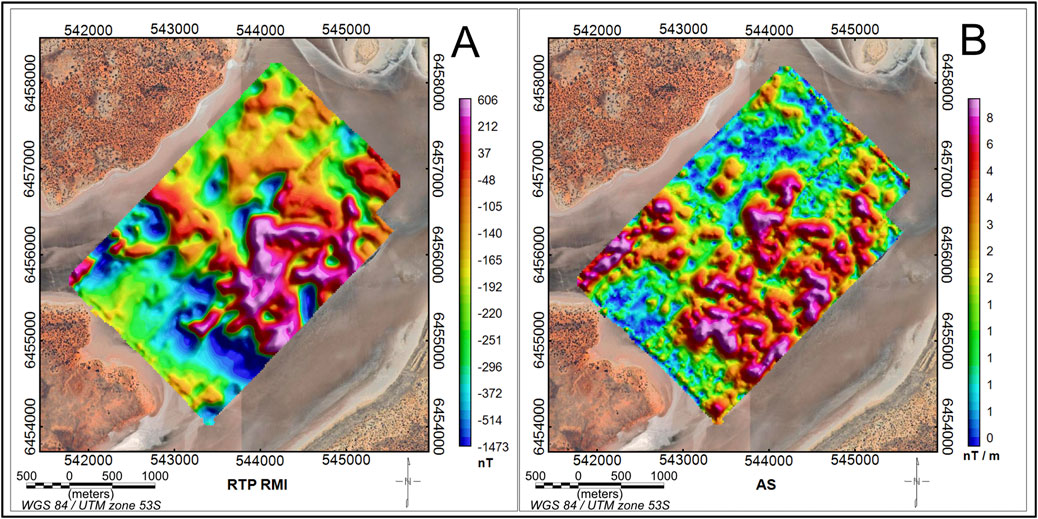 Georeferenced maps labeled A and B, comparing regional transformations. Map A shows gradient colors from purple to green indicating magnetic intensity in nanoteslas (nT). Map B illustrates similar terrain with adjustments, scaled in nT/m. Both maps are set against a desert landscape backdrop with coordinates and scales in meters.