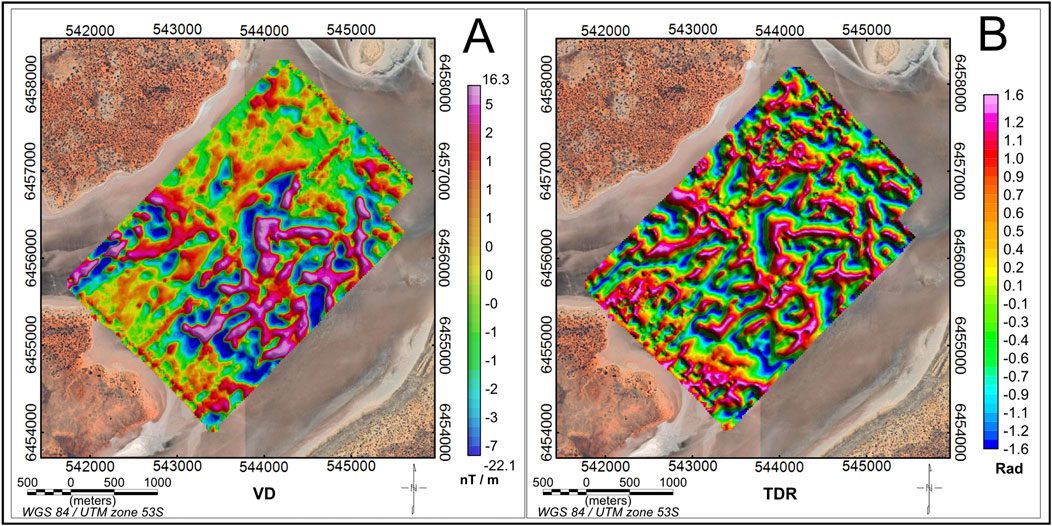 Two geophysical survey maps labeled A and B display colorful topographic patterns overlaid on satellite imagery. Map A uses a scale from negative twenty-two point one to sixteen point three nT/m, while map B ranges from negative one point six to one point two rad. Both maps depict variations in magnetic or radiometric data, with coordinates and a scale bar indicating the WGS 84/UTM zone 53S.
