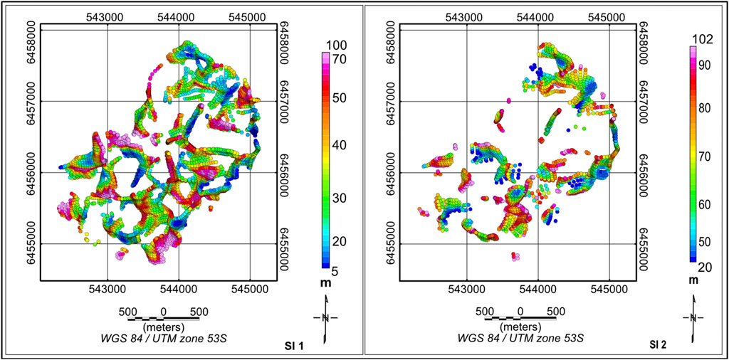 Two adjacent maps display colorful, circular data points representing measurements over a geographic area in WGS 84/UTM zone 53S. Each map features a color bar indicating values from five to one hundred and two meters, with a variety of colors from purple to red. The maps use a grid system with coordinates and a scale in meters.
