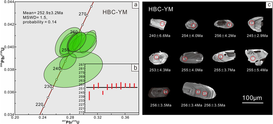 Geochronology data for sample HBC-YM includes a Concordia diagram (left) with zircon analyses in green ellipses, displaying calculated ages. The mean age is 252.9 ± 3.2 Ma. To the right, several zircon grains are imaged with associated dates and respective errors, showcasing individual ages ranging from 240 ± 6.6 Ma to 256 ± 3.5 Ma. A scale bar indicates a size of 100 micrometers.