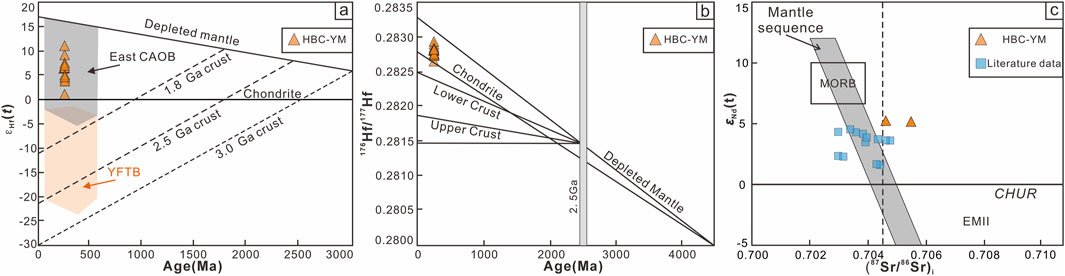 Three-panel geological data illustration. Panel a: plots εHf(t) versus age in Ma, showing data points above crustal growth lines. Panel b: plots ¹⁷⁶Hf/¹⁷⁷Hf versus age, illustrating crustal components. Panel c: plots εNd(t) versus ⁸⁷Sr/⁸⁶Sr, featuring mantle sequence and literature data. Key data points represented as triangles and squares.