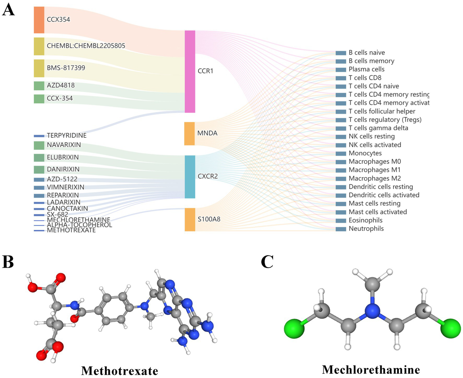 A: A Sankey diagram connects compounds with receptors CCR1, MNDA, CXCR2, and S100A8 linked to various immune cells like B cells, T cells, and macrophages. B: Molecular structure of Methotrexate with highlighted atoms. C: Molecular structure of Mechlorethamine with highlighted atoms.