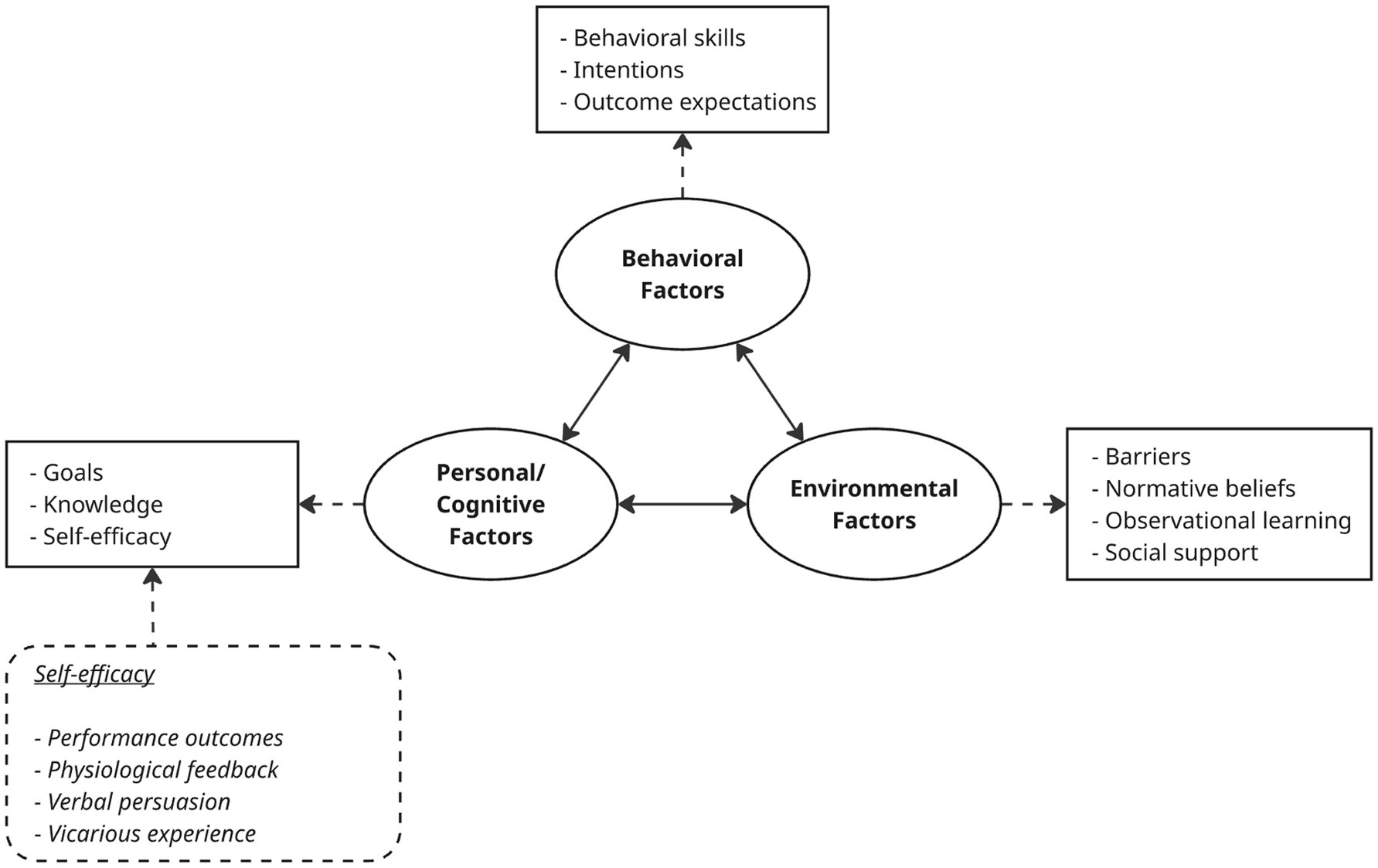 Diagram showing the interplay between behavioral, environmental, and personal factors. Behavioral factors relate to outcome expectations. Personal factors, including knowledge, goal, and self-efficacy, are linked to performance accomplishments, vicarious experience, verbal persuasion, and physiological states. Environmental factors are associated with social support or barriers. Arrows indicate interactions among these elements.