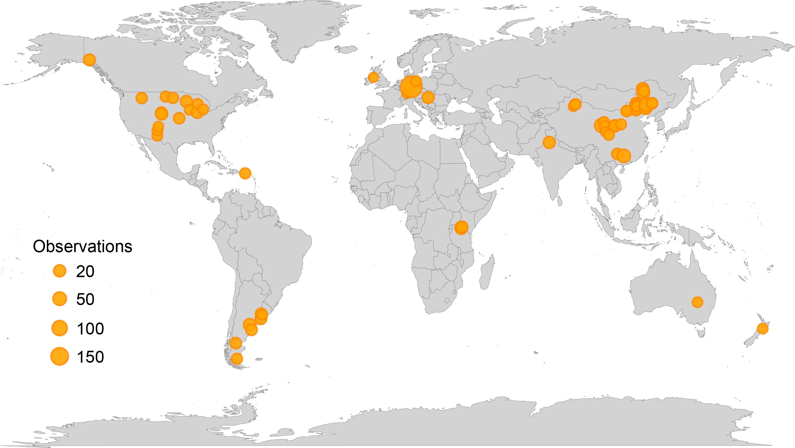 World map with orange circles indicating observation locations. Circle size represents observation count: 20, 50, 100, and 150. Dense clusters appear in North America, Europe, East Asia, and South America.