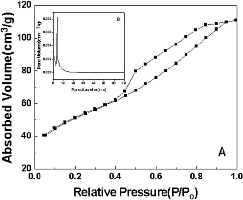 Graph showing absorbed volume in cubic centimeters per gram versus relative pressure, ranging from zero to one. The data forms an upward trend. An inset graph labeled