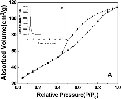 Graph A displays absorbed volume versus relative pressure, with an increasing trend. An inset graph B shows pore volume versus pore diameter, depicting a sharp peak near zero, indicating most pores are small.