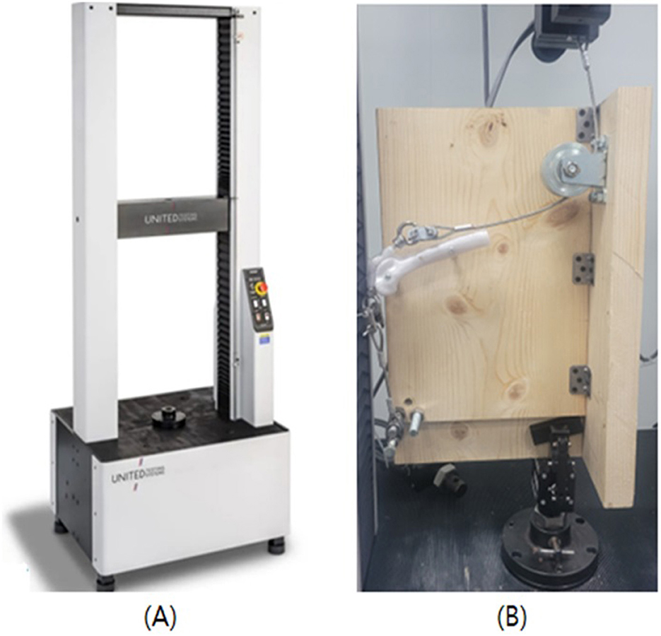 (A) A vertical materials testing machine with a rectangular frame and control panel. (B) A mechanical setup featuring a wooden board with pulleys, wires, and metal fittings used for testing.