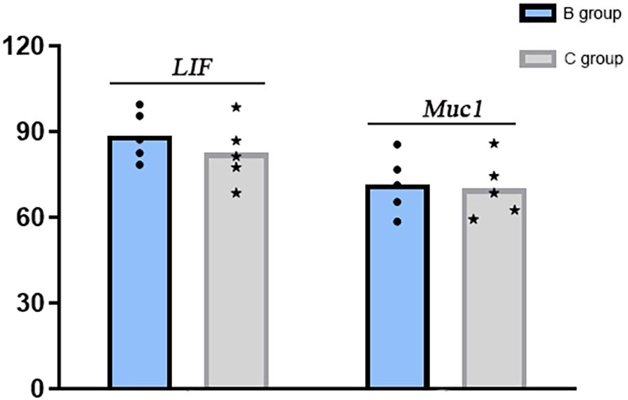 Bar graph comparing two groups, B (blue) and C (gray), for LIF and Muc1 levels. The B group shows higher values than the C group in both categories. Data points are indicated by dots and stars.