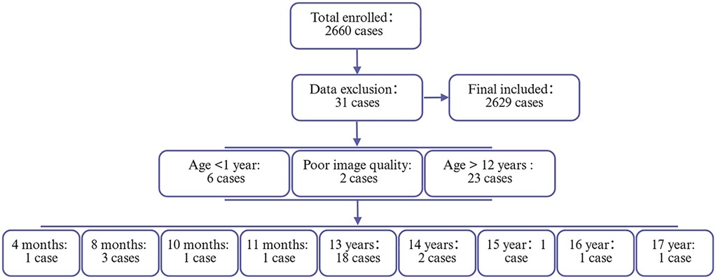 Flowchart displaying enrollment and exclusion data: Total enrolled cases are 2660. Data exclusion is 31 cases, yielding 2629 final cases. Exclusions include age less than one year with 6 cases, poor image quality with 2 cases, and age over 12 years with 23 cases. Detailed age data: 4 months with 1 case, 8 months with 3 cases, 10 months with 1 case, 11 months with 1 case, 13 years with 18 cases, 14 years with 2 cases, and ages 15, 16, and 17 each with 1 case.