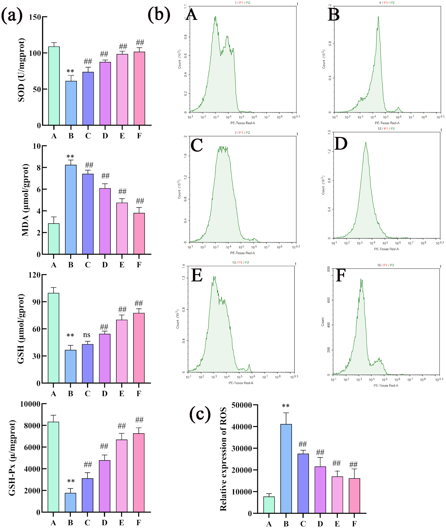 (a) Bar charts showing SOD, MDA, GSH, and GSH-Px levels for groups A to F, with significant differences indicated by symbols. (b) Six histograms labeled A to F showing fluorescence intensity peaks for different groups. (c) Bar chart displaying relative expression of ROS for groups A to F, with significant differences marked.