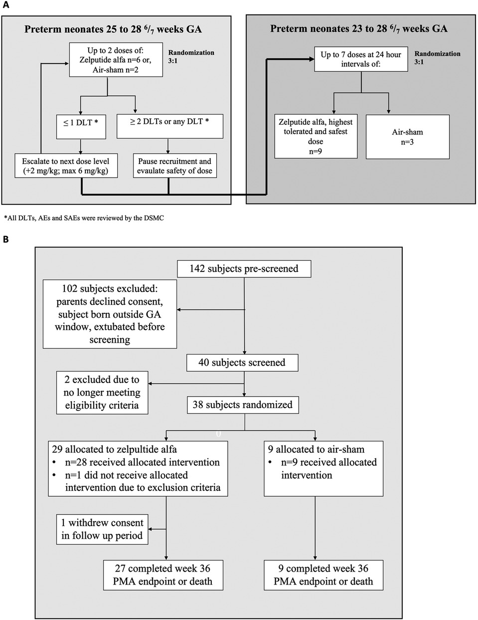 Flowchart detailing the study design for preterm neonates. Panel A: Randomized allocation (3:1) of preterm neonates aged twenty-five to twenty-eight six-sevenths weeks to receive up to two doses of Zelpultide alfa or Air-sham. Dose escalation or pause based on dose-limiting toxicity (DLT) is indicated. Separately, preterm neonates aged twenty-three to twenty-eight six-sevenths weeks receive up to seven doses at twenty-four-hour intervals. Panel B: Of one hundred forty-two pre-screened subjects, one hundred two were excluded. Forty were screened, two excluded, and thirty-eight randomized: twenty-nine to Zelpultide alfa, nine to Air-sham. Completion rates for thirty-six-week PMA endpoint or death are shown.