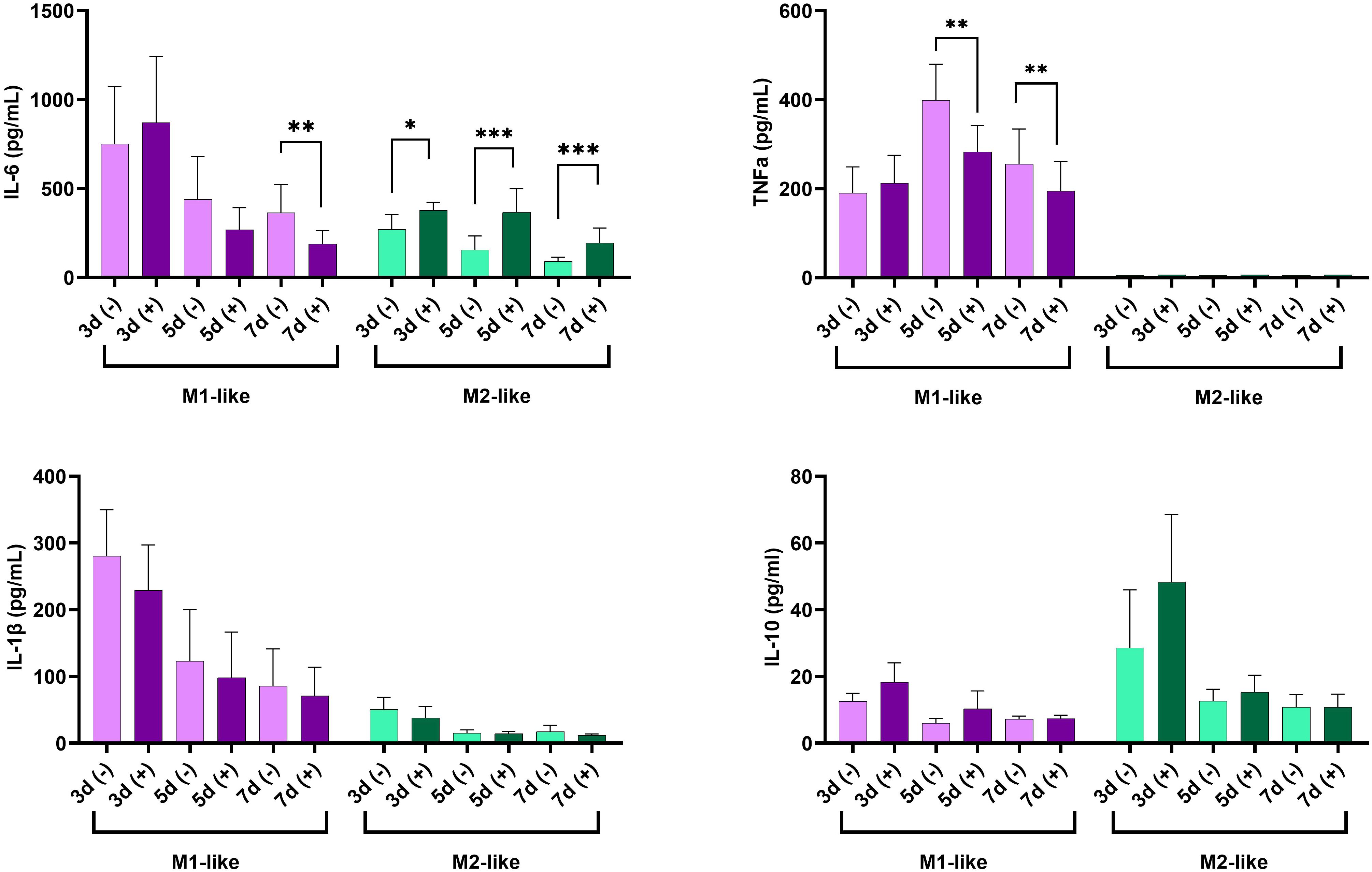 Bar graphs showing cytokine levels (IL-6, TNFα, IL-1β, and IL-10) in M1-like and M2-like macrophages over time. Significant differences marked by asterisks show varying expression levels at 3, 5, and 7 days with plus and minus treatments. Each plot represents cytokine expression in picograms per milliliter.