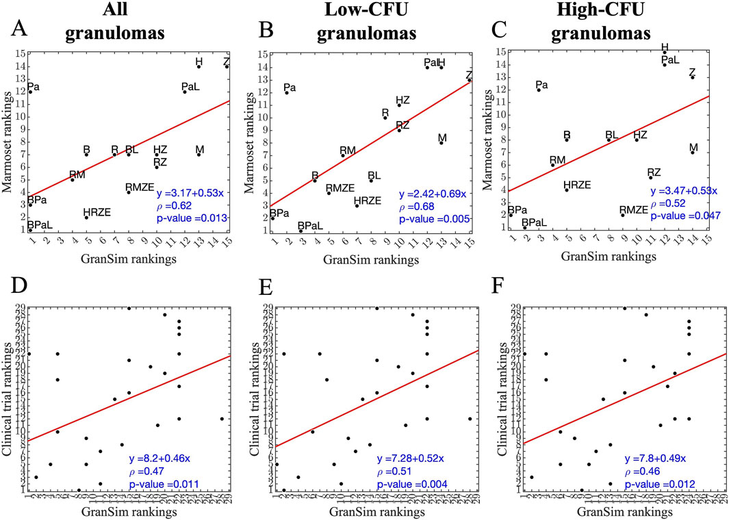 Six scatter plots show correlations between GranSim rankings and other metrics. Plots A, B, and C display marmoset rankings for all granulomas, low-CFU granulomas, and high-CFU granulomas respectively, with regression lines and correlation values. Plots D, E, and F show clinical trial rankings with similar comparisons. Each plot includes a red line indicating a positive relationship and corresponding equation with p-values.