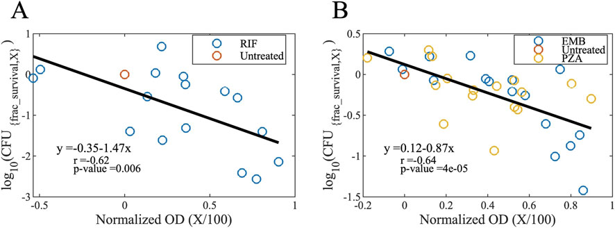 Scatter plots labeled A and B depict relationships between normalized optical density (OD) and log of colony-forming units (CFU). Plot A shows data for untreated and RIF-treated samples, while plot B shows untreated, EMB, and PZA treatments. Each plot includes a trend line with respective equations: A: y = -0.35 - 1.47x (r = -0.62, p = 0.006), B: y = 0.12 - 0.87x (r = -0.64, p = 4e-05).