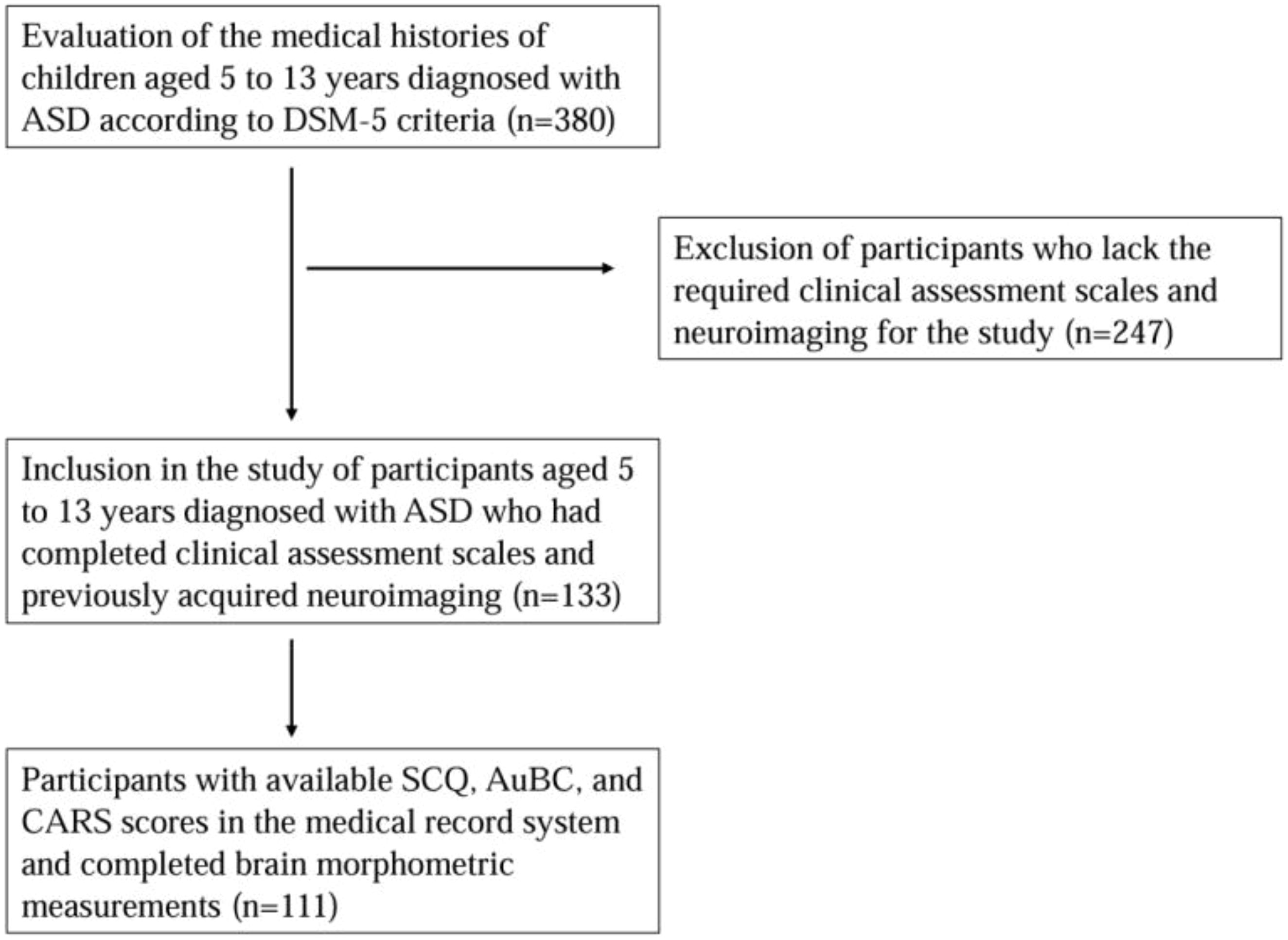 Flowchart detailing the selection process for a study on children aged 5 to 13 years diagnosed with ASD according to DSM-5 criteria. Initial evaluation included 380 participants. After excluding 247 participants lacking required assessments and neuroimaging, 133 participants were included. Of those, 111 participants had available SCQ, AuBC, and CARS scores and completed brain morphometric measurements.