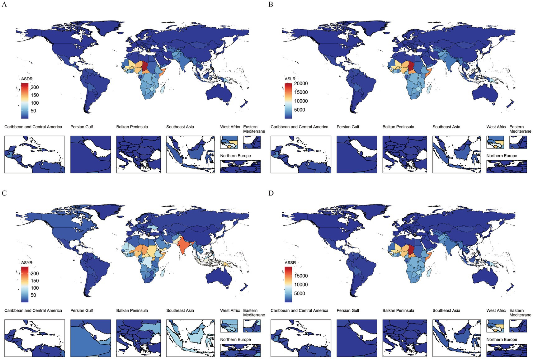 Four world maps, labeled A to D, display color-coded ASDR, ASLR, ASYR, and ASSR data, respectively. Colors indicate different measurement levels, with blue representing lower values and red higher values. Smaller regional maps are below each, focusing on specific areas: Caribbean and Central America, Persian Gulf, Balkan Peninsula, Southeast Asia, West Africa, Eastern Mediterranean, and Northern Europe.