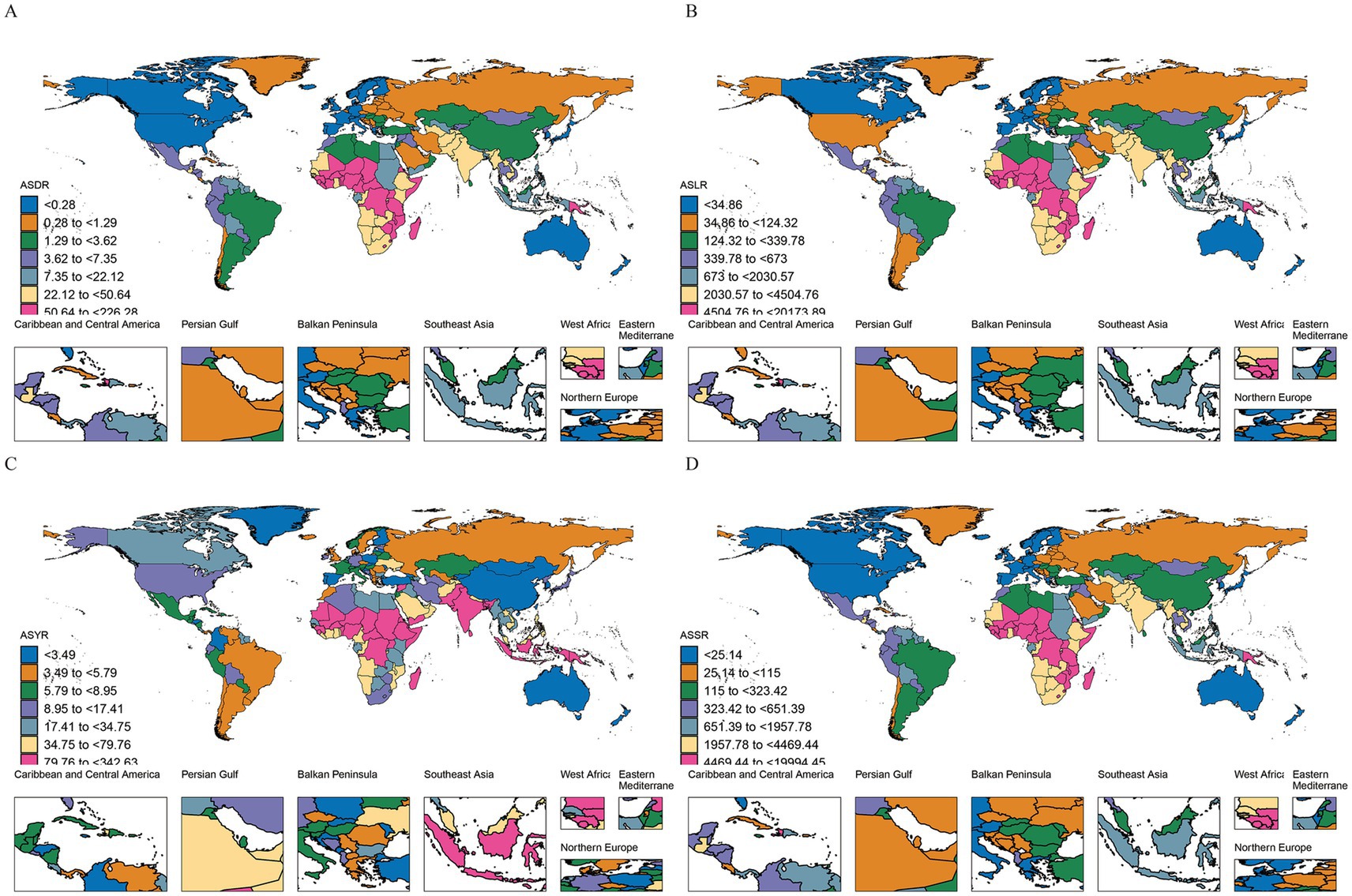 Four world maps labeled A, B, C, and D display different metrics (ASDR, ASLR, ASYR, ASSR) using a color-coded system. Each map uses a legend to show varying intensity levels. Insets highlight specific regions: the Caribbean and Central America, Persian Gulf, Balkan Peninsula, Southeast Asia, West Africa, Eastern Mediterranean, and Northern Europe. Each insets corresponds to regions viewed with greater detail, maintaining the same color key as the main maps.