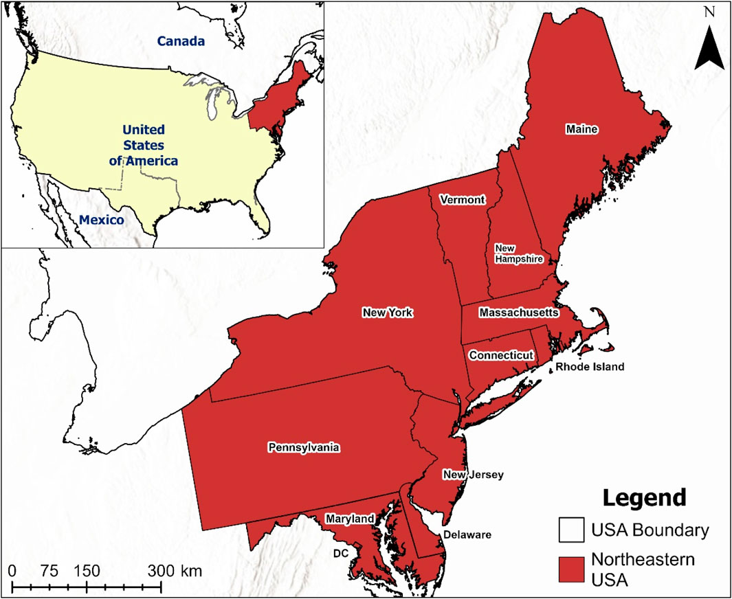 Map highlighting the Northeastern United States in red, including Maine, Vermont, New Hampshire, Massachusetts, Rhode Island, Connecticut, New York, Pennsylvania, New Jersey, Delaware, and Maryland. An inset map shows the overall location in the United States. A legend explains the color coding.
