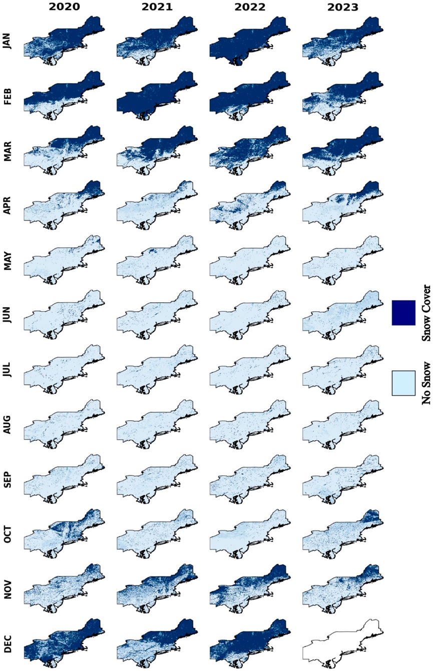 Map series depicting monthly snow cover in the northeastern United States from 2020 to 2023. Each row represents a month from January to December, and each column represents a year. Dark blue indicates snow cover, while light blue signifies no snow. Snow cover is more prominent in the winter months, decreasing through spring and absent in summer.