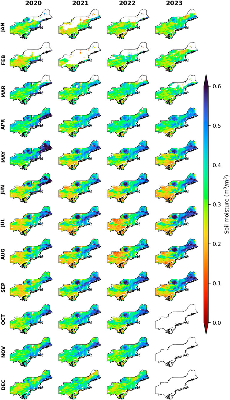 Monthly maps from 2020 to 2023 display soil moisture levels in a specific region. Color gradients range from red (low moisture) to blue (high moisture), showing seasonal and yearly variations. Each row corresponds to a month, and each column represents a year, with a color scale indicating moisture content in cubic meters per cubic meter.