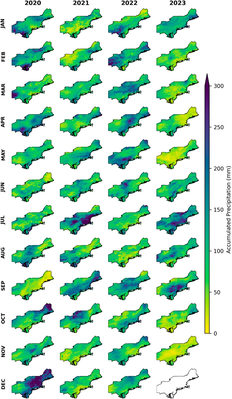 Monthly accumulated precipitation maps from 2020 to 2023 for a region resembling northeastern India. Each row represents a month, labeled from January to December. Colors indicate precipitation levels, with a scale from 0 to 300 millimeters. Darker colors represent higher precipitation. Each column corresponds to a year, showing variations across the months and years. A key on the right provides the color scale.