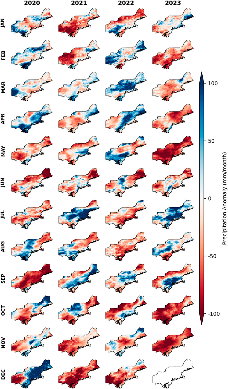 Grid of maps showing monthly precipitation anomalies for a region from 2020 to 2023. Colors range from blue (wetter than average) to red (drier than average), with varying patterns each month. A vertical color scale indicates the anomaly in millimeters per month, ranging from negative one hundred to positive one hundred. Each row represents a month, and each column corresponds to a year from 2020 to 2023.