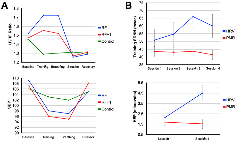 (A) shows two line graphs. The top graph depicts the LF/HF ratio over Baseline, Training, Breathing, Stressor, and Recovery, with RF, RF+1, and Control groups. The bottom graph illustrates SBP for the same phases. In both graphs, the RF group trends higher. (B) Contains two line graphs. The top graph shows Training SDNN across Sessions 1 to 4 for HRV (increasing) and PMR. The bottom graph displays HEP in microvolts for HRV and PMR, showing an increase for HRV from Session 1 to 4.