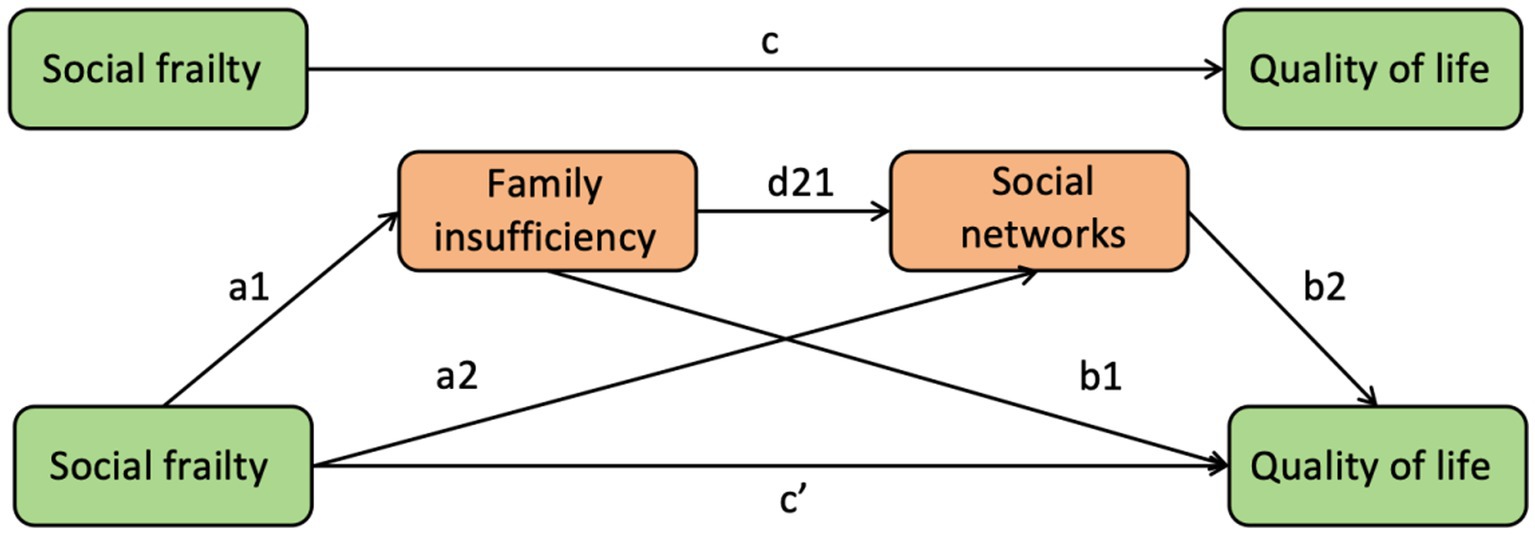 Diagram illustrating relationships between social frailty, family insufficiency, social network, and quality of life. Arrows indicate connections labeled as a1, a2, b1, b2, c, d21, and c'.