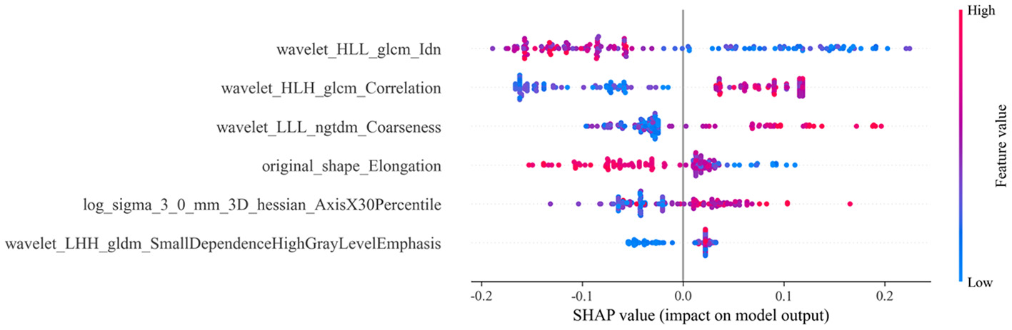 Scatter plot depicting SHAP values for various features impacting model output. Horizontal features include wavelet and shape descriptors. Points are color-coded from blue to pink, representing low to high feature values. The x-axis shows SHAP values from negative to positive, indicating impact direction.