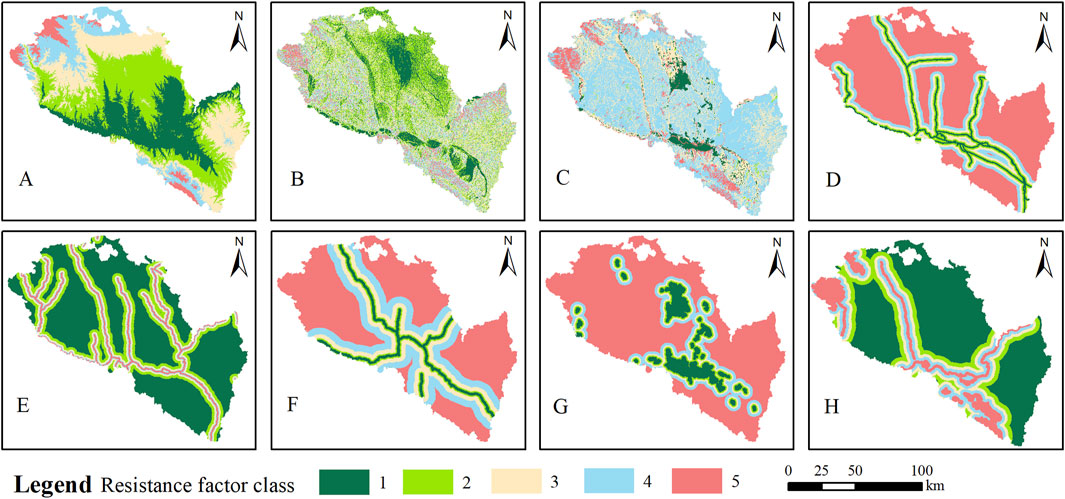Maps displaying resistance factor classes for geographical regions, labeled A to H. Each map shows different factors: A for elevation, B for slope, C for land use, D for distance from railway, E for distance from water, F for distance from highway, G for distance from urban areas, and H for distance from ecological land. The resistance is color-coded from dark green (low resistance) to red (high resistance). A legend and a north arrow are included.