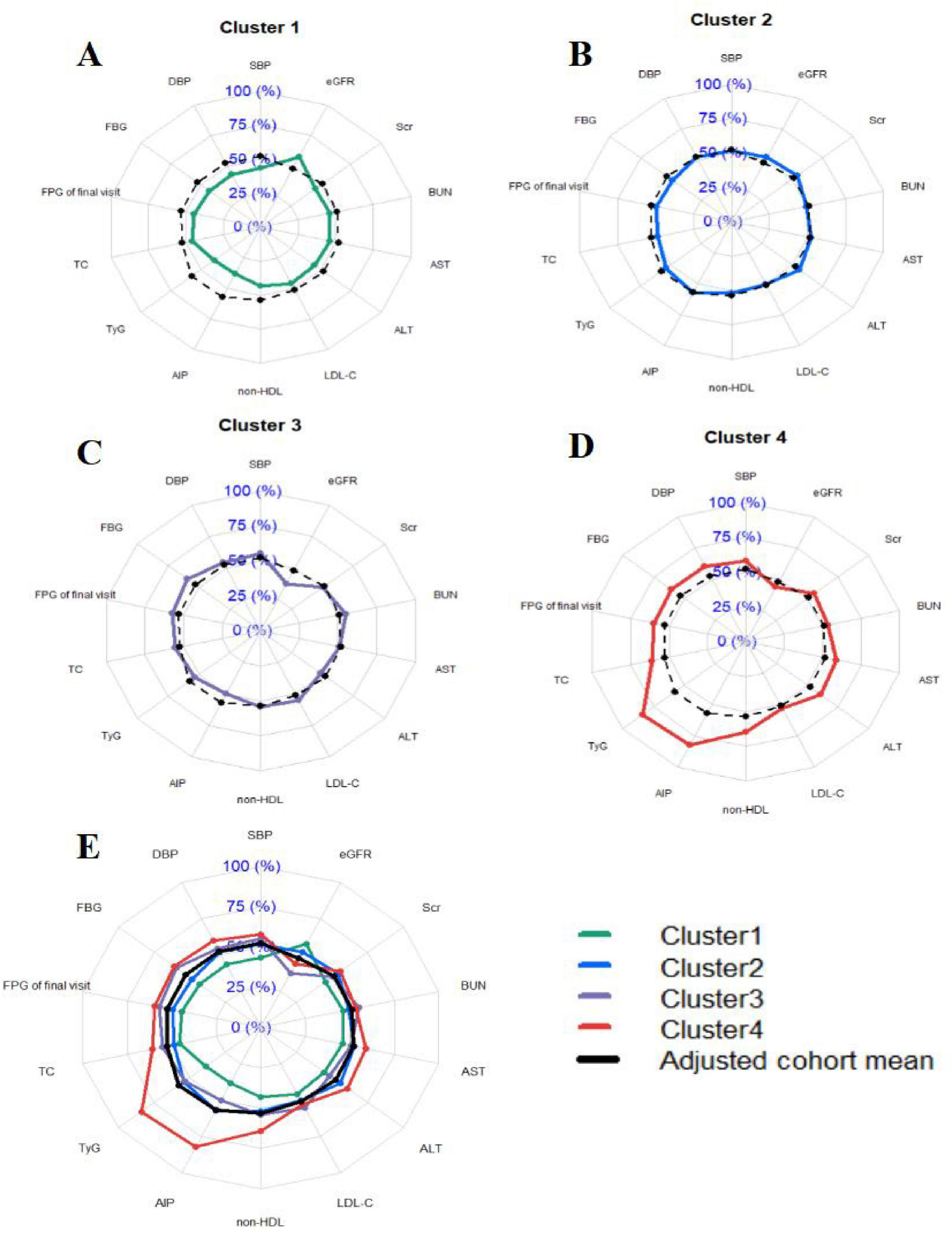 Five radar charts depicting different clusters of health parameters. Charts A to D represent Clusters 1 to 4, each outlined in unique colors: teal, blue, purple, and red. Chart E combines all four clusters with the adjusted cohort mean in black. Parameters include FPG, TC, non-HDL, LDL-C, and more, with percentage scales from zero to one hundred percent. Legend indicates cluster colors and the cohort mean.
