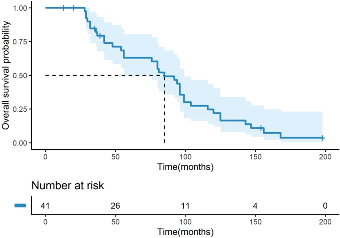 Kaplan-Meier survival curve showing overall survival probability over time in months, with a confidence interval shaded in light blue. The probability starts at one and decreases as time progresses, with a dashed line indicating the median survival. Below, a bar shows the number at risk at specific time points: 41 at zero months, 26 at 50 months, 11 at 100 months, 4 at 150 months, and 0 at 200 months.