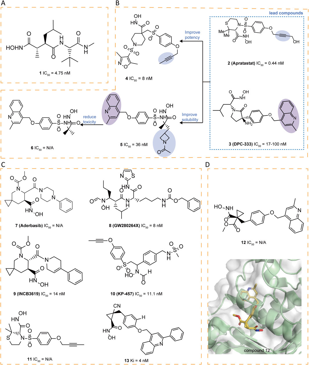 Chemical structures of various compounds are shown across four panels labeled A, B, C, and D. Panel A shows compound 1 with an IC₅₀ of 4.75 nanomolar. Panel B includes compounds 2 and 3 as lead compounds, with compound 2 having an IC₅₀ of 0.44 nanomolar and compound 3 with an IC₅₀ range of 17-100 nanomolar. Compounds 4 and 5, alongside design notes to improve potency and solubility, are also here. Panel C displays several compounds including 6 through 13, highlighting varying IC₅₀ values. Panel D features compound 12 with an IC₅₀ of N/A and a 3D binding model labeled compound 12.