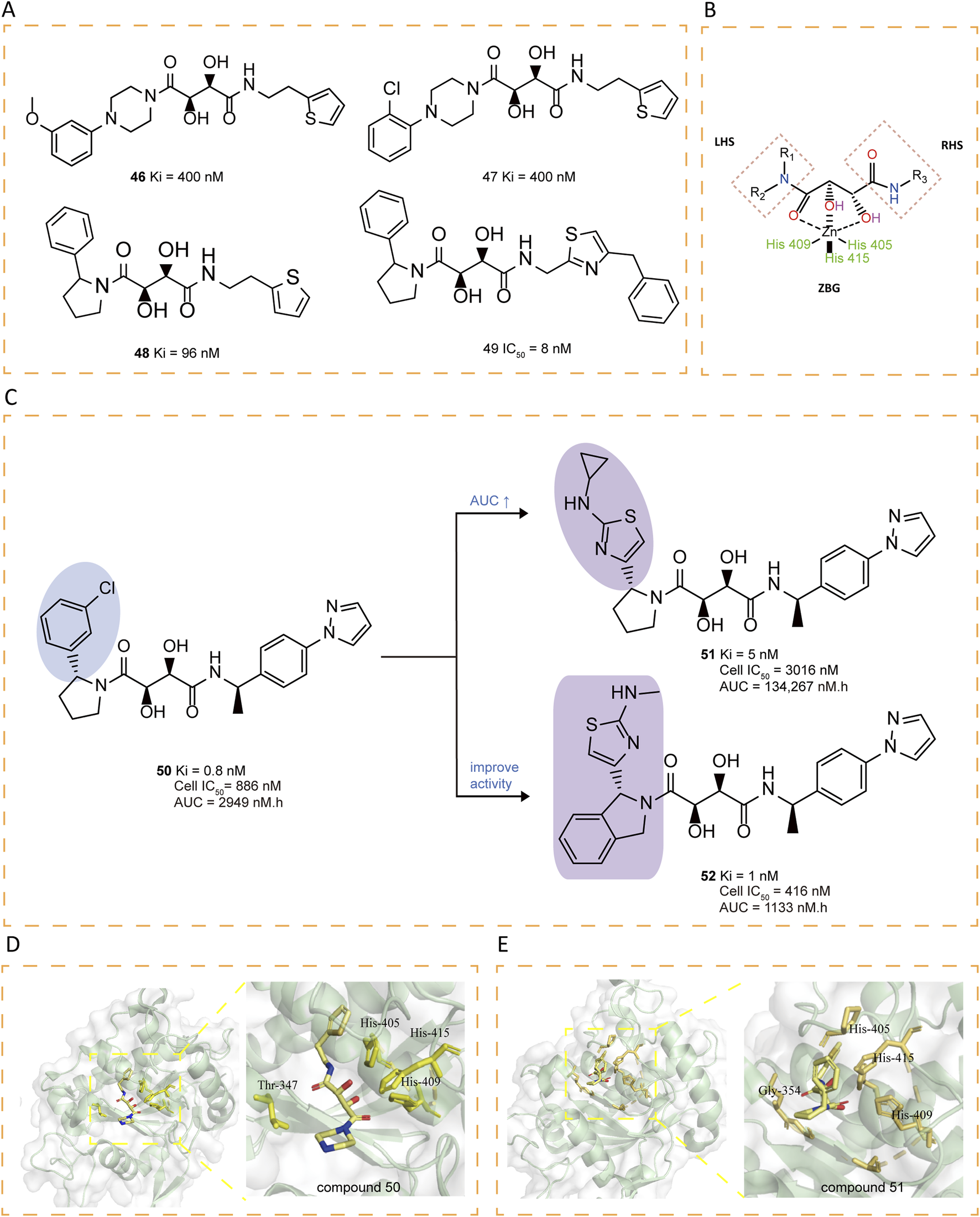 Chemical structures and molecular models of various compounds are depicted, labeled A to E. Panel A shows chemical structures with potency values (Ki and IC50) for four compounds. Panel B illustrates a zinc-binding group with histidine interactions. Panel C displays two chemical reactions indicating activity improvement with associated AUC values. Panels D and E are molecular docking models showing compound interactions with histidine residues in a protein structure.