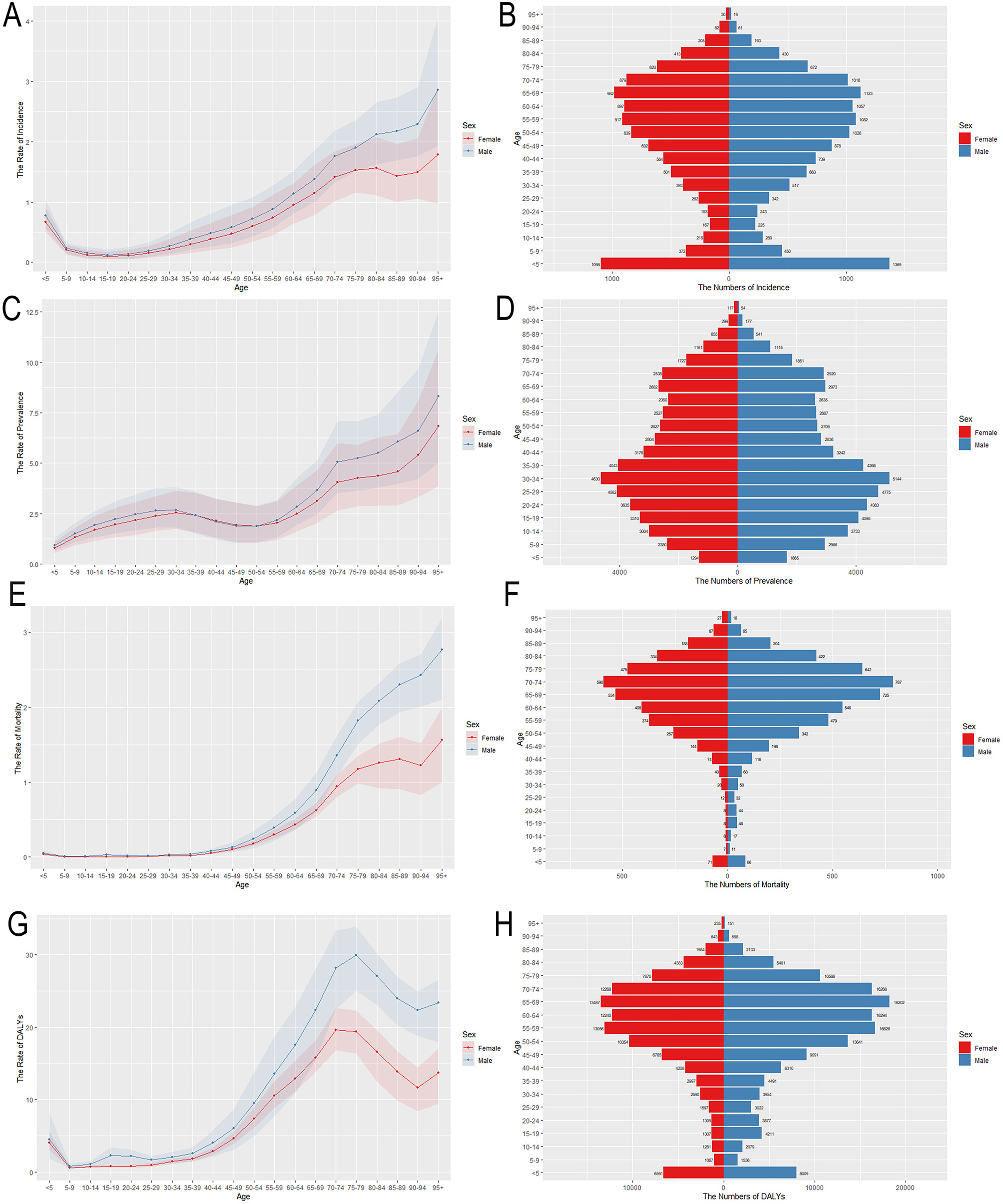 Eight panel image showing health data comparisons by gender and age. Panels A, C, E, and G are line graphs depicting rates of incidence, prevalence, mortality, and DALYs by age. Panels B, D, F, and H are bar charts showing numbers of incidence, prevalence, mortality, and DALYs, divided by gender (female in red, male in blue). Each graph provides visual insights into the differences in health metrics across age groups.